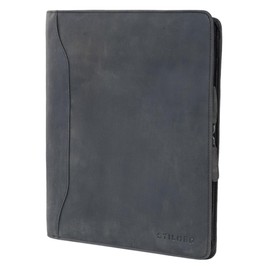 STILORD 'Scott' Vintage Leather Document Folder | 12.2 Inch Writing Portfolio | Premium A4 Leather Conference Folder Briefcase with Zipper for Business and Office, Colour:Carbon - Grey