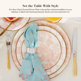 MACKENZIE-CHILDS Enamel Dinner Plate, Decorative Dinnerware Plate, 10 Inches, Pink-and-White Rosy Check