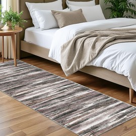 Lansny - Alfombra moderna abstracta para recámara, 2 x 7 pulgadas, color café claro oscuro, color blanco y lavable, alfombrilla de lana sintética antideslizante suave y fina para entrada, pasillo