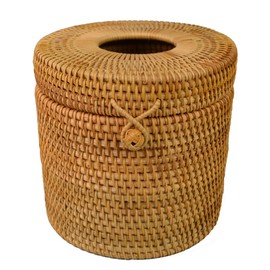 Handmade Cylinder Facial Tissue Box Holder, Woven Napkin Dispenser with Elastic Loop Bead, Decorative Round Rattan Paper Cover Dispenser for Bedroom, Dining Room, Car, Office, Brown 6 Inch