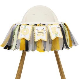 Bee And Daisy One High Chair Banner - Bee First Birthday Decoration, Floral Highchair Banner, Yellow Black White Birthday Garland, Insect Theme Photo Props Party Supplies