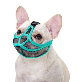 OHCOZZY Short Snout Dog Muzzle, Won’t Cover Forehead Bulldog Muzzle Adjustable Breathe Mesh, Anti Bitting Chewing Barking(M,Green)
