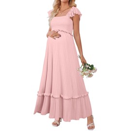 OUGES Womens 2025 Summer Maternity Baby Shower Dress Casual Boho Maxi Smocked Maternity Photoshoot Dresses Ruffle Sleeve Square Neck Gender Reveal Long Dress Pregnancy Must Have Clothes (Pink,L)
