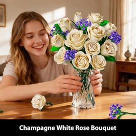 PLAXSOON Flowers Bouquet Building Set with Lights, Mother's Day 16 Champagne White Roses Botanical Collection Building Blocks for Adults Girl,523PCS Artificial Flower Birthday Gift for Her Home Decor