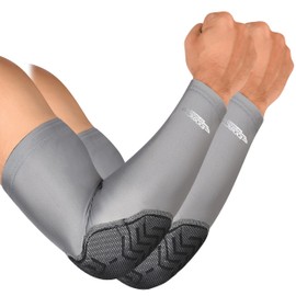 Exxact Sports Elbow Pad Arm Compression Sleeve - Padded Elbow Sleeve for Men, Volleyball Elbow Pads (1 Pair), Grey, Adult Small / Medium