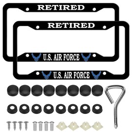 2 Pcs Aluminum Retired License Plate Frame for U.S. Air Force,4-Hole Matte Black for USAF Car Licenses Plate Covers Holders Frames for Plates with Screw Caps