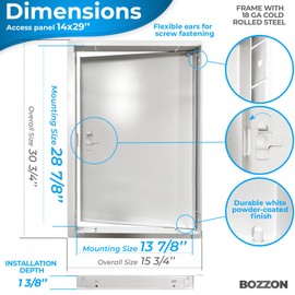 BOZZON Access Panel for Drywall 14 x 29 inch – Metal Door with Screwdriver Latch, 18 GA Steel Frame, Wall Hole Cover, Plumbing Access Door, White