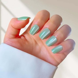 Short Square Press on Nails Mint Green Full Cover Fake Nails Glossy Acrylic Nails Glue on Nails Opaque Reusable Gel Nail Strips Artificial Nails 24 Pcs Removable Stick on Nails for Women