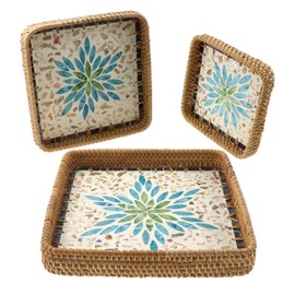 Square Rattan Tray with Mother of Pearl Inlay, Handmade Wicker Boho Decorative Coffee Table Tray for Fruit Snack Party Wedding Kitchen Home Decor Set of 3 (Blue Green Star)