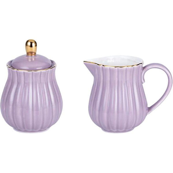 YBK Tech Porcelain Milk jug and Sugar Bowl Set for Coffee Tasting Drinking- Stripe Design (Purple)