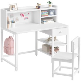 BOLUO White Kids Desk and Chair Set for 6-12 Year Old, Children Study Desk with Hutch and Storage Shelf, Student Writing Table with Fabric Drawer for Girls Boys