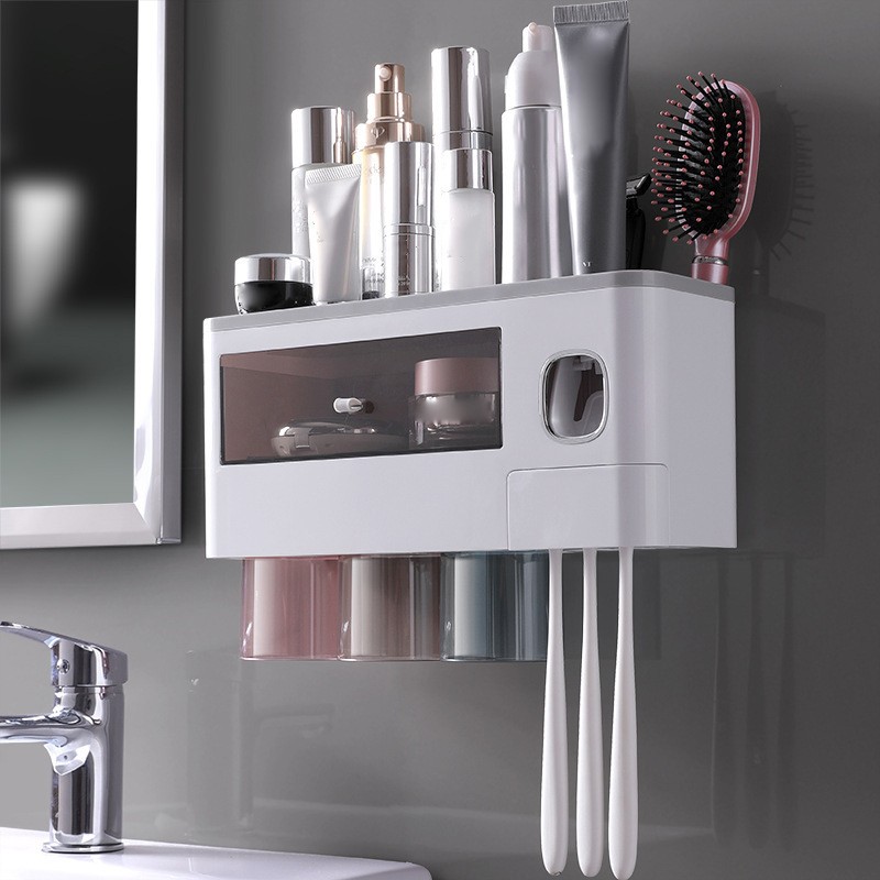 Wall Mounted Toothbrush Holder Multi Function Magnetic Absorption Bathroom Storage