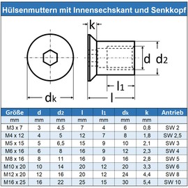 Eisenwaren2000 | M6 x 16 mm sleeve nuts with countersunk head and hexagon socket (10 pieces) - stainless steel A1 1.4305 - rust-proof