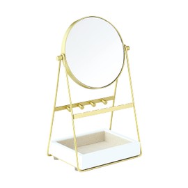 Hives and Honey Kenna Tabletop Mirror – Round Vanity Mirror with Jewelry Organizer and Storage – Elegant Gold and White Finish