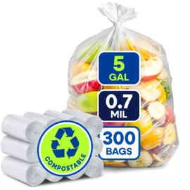 PLASTIC PRINCE 5-Gallon Compostable Trash Bags Biodegradable Trash Bags, 19.5" x 23" 0.7 Mil Can Liners 12 Rolls of 25/Roll, 300/Case