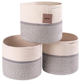 voten Cotton Rope Storage Basket Bins Round Storage Cube Organizer Basket Foldable Decorative Woven Basket with Handles for Laundry,Clothes,Toys,Books,Towels,Nursery(11x11x11,Mix Grey,3 Pack)