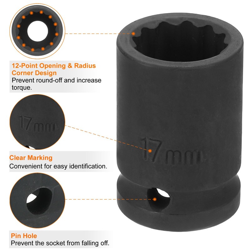 sourcing map 12-Point Impact Socket 1/2 Inch Drive 17mm Metric