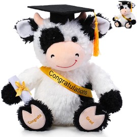 Chalyna 10 Inch 2025 Graduation Season Cow Stuffed Animal Plush with Diploma Tassel Graduation Hat Embroidered Blessings Preschool Kindergarten Gift for Student, Friends, Relatives, Kids
