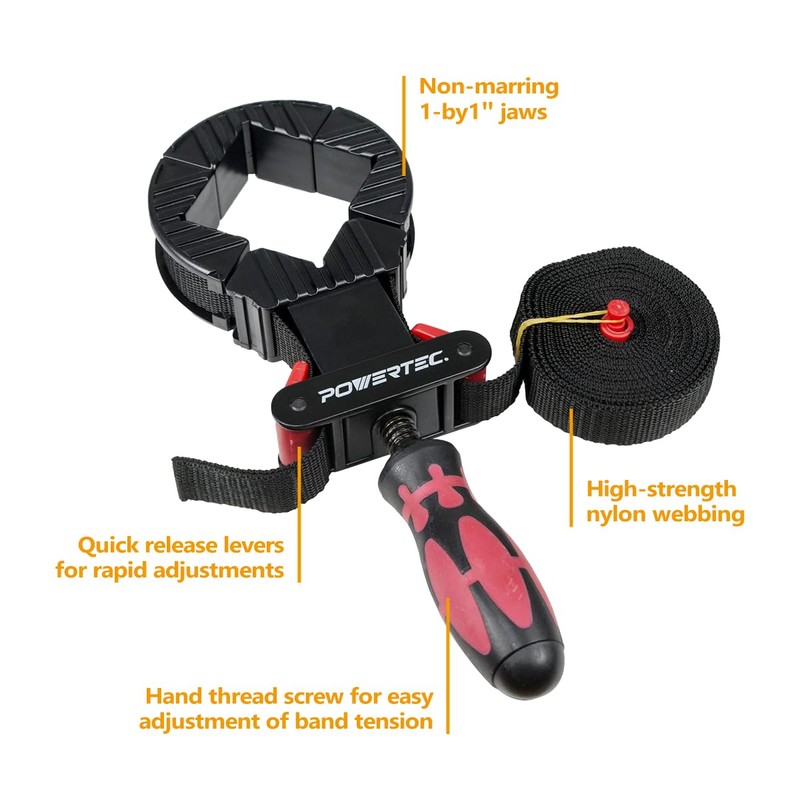 POWERTEC 2PK Strap Clamps for Woodworking – Quick Release Band
