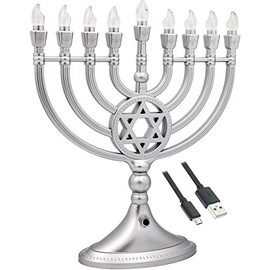 Traditional LED Electric Silver Hanukkah Menorah - Battery or USB Powered - Includes a Micro USB 4' Charging Cable