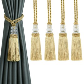 HedongHexi Curtain Tiebacks with Tassel, Outdoor Elegant Decorative Curtain Holdback,Modern Rope Window Curtain Ties Backs for Draperies with Hooks 2 Pack (4, Gold), Gold, 4
