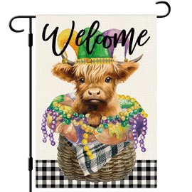 DLZDN Mardi Gras Highland Cow Garden Flag New Orleans Carnival Garden Flag 12×18 Inch Double Sided Vertical Burlap Farmhouse Yard Flag Holiday Outdoor Decor