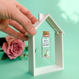 Cute Unicorn and Message in a Bottle, Tiny Decorative Jar with a Wish Card, Unique Present Idea for Her Birthday, Daughter and Niece Presents (hanging in a White Wood House, Have a Magical Birthday)