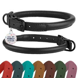 Rolled Leather Dog Collar Soft Round Collars, ID Tag for Small Medium Large Dogs (7-10 inch, Black Midnight)