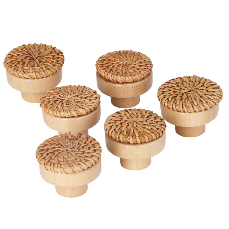 6pcs Round Drawer Knobs Wood Rattan Woven Handmade Drawer Pulls