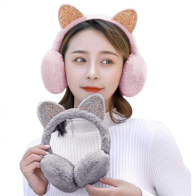 Faxianther Girls Earmuffs Coldproof Cute Sequin Cat Ears Fluffy Plush