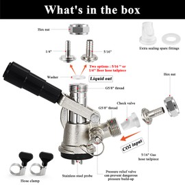 Keg Coupler -European Sankey S System Keg Tap With Stainless Steel Probe - Beer Coupler for OD 1/4'' or 5/16" Draft Tailpipe and 5/16'' Gas Barb with Check Valve Sealing Washer& Hose Clamp