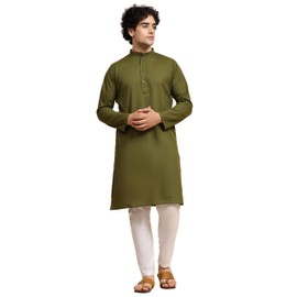 SKAVIJ Men's Tunic Cotton Kurta Pajama Indian Yoga Casual Dress Set (X-Large, Olive Green)