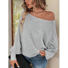 RoseSeek Women's Off Shoulder Lace Up Back Sweaters Long Sleeve Loose Pullovers Casual Knit Fall Tops Grey X-Large