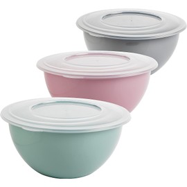 Kai Salad Bowl with Lid 5 L, Bowl with Lid, Set of 3 Mixing Bowls, BPA-Free Plastic (PP), Colour: Light Grey, Pastel Pink, Pastel Green, Transparent Lid, Diameter 28 cm, Made in EU, Model Kai