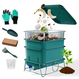 HCGADON 3-Tray 15L Worm Farm Composting Bin with Tool Set - Efficient Indoor/Outdoor Composter for Organic Waste Recycling, Beginner-Friendly Kit for Healthier Plants (Green)