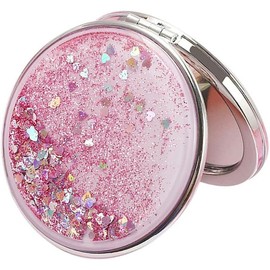 1 Pack Compact Mirror, Portable Quicksand Pocket Travel Makeup Mirror, Folding Hand-held Double Sided 1x/2x Magnifying Glass, Great Gift for Women and Girls (Pink) - Colour: pink