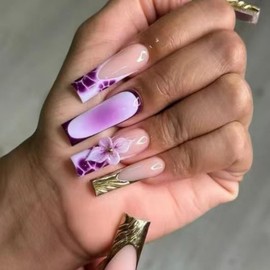 Purple Press on Nails Long Square False Nails with 5D Rhinestone Flower Design Gold French Tips Fake Nails Ombre Purple Stick on Nails Glossy Full Cover Gradient Glue on Nails for Women Manicure 24Pcs
