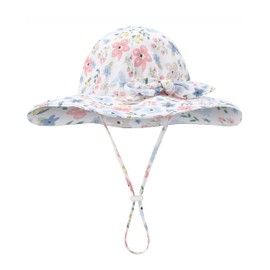 Baby Girl Sun Hat Toddler Summer Bucket Hats UPF 50+ Hat for Infant Girl Beach Hat with Wide Brim 0-6T Blue Pink Flower Bow 1-2 T