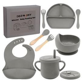 Dormlony 100% Silicone baby feeding set,BPA free Baby dishes set with Suction Bowl Divided Plate,Toddler Self Feeding Dish Set with Spoons Forks Sippy Cup And Bib, Baby Eating Utensils (Grey)