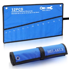 HELAKLS Wrench Tool Roll Up Pouch Metric 12 Pocket (8-19mm) Tool Roll Bag for Wrenches Organizer Oxford Canvas Wrench Holder Blue