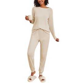 Ekouaer Womens Ribbed Knit Pajama Sets 2 Piece Jogger Pjs Long Sleeve Sleepwear Round Neck Soft Lounge Sets with Pockets Light Khaki Medium