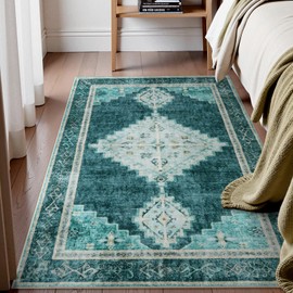Beeiva Boho 3x5 Washable Area Rugs, Vintage Rug for Bedroom Aesthetic Non-Slip Medallion, Soft Ultra Thin Low Pile Carpet for Kitchen Beside (Teal,3'x5')