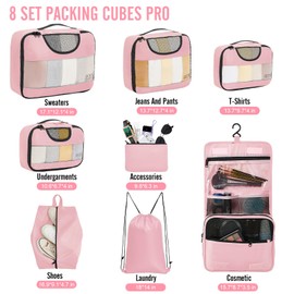 Veken 8 Set Packing Cubes for Suitcases, Travel Essentials for Carry on, Luggage Organizer Bags Set for Travel Accessories in 4 Sizes(Extra Large, Large, Medium, Small), Pink