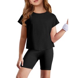 Haloumoning Girls Loose Athletic Shirts Short Sleeve Crop Tops Kids Quick Dry Gym Yoga Tees 5-14 Years Black