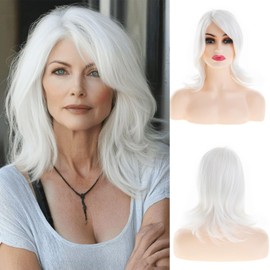 Sallcks Short White Bob Wig for White Women Shoudler Length Natural Wavy Bob Wig Heat Resistant Synthetic Hair Wig for Daily Party