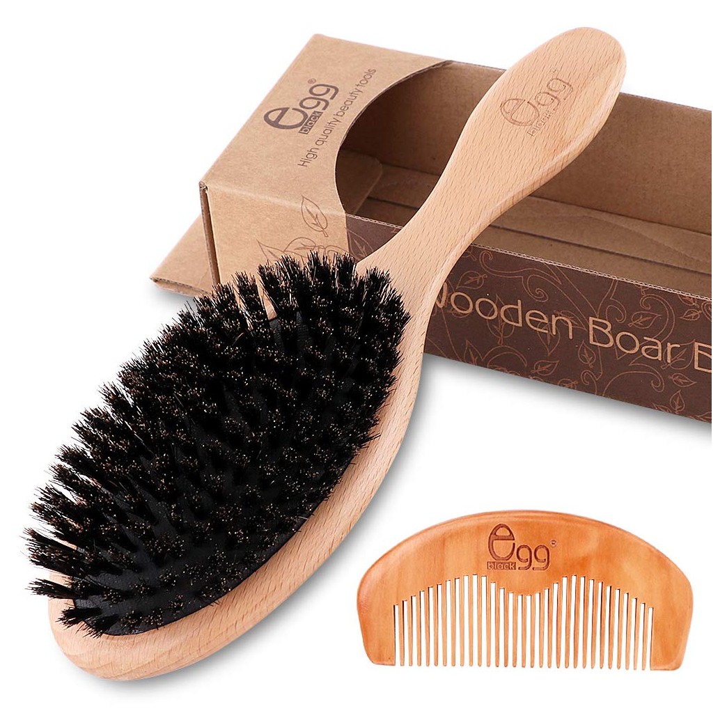 BLACK EGG Boar Bristle Hair Brush for Women Men Kid, Soft Natural Bristles Brush for Thin and Fine Hair, Restore Shine and Texture, Set includes Bamboo comb and 3 hair ties(Random Color)
