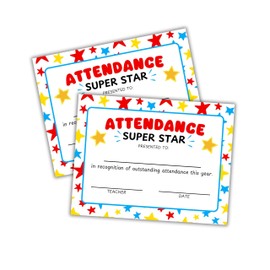 Outstanding Attendance for The Year Certificate 30pk 8.5x11” Perfect Award End of The School Best Punctuality Elementary School VBS Sunday Stars Yellow Blue Red
