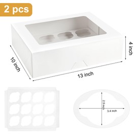 Kucoele 12 Count Cupcake Boxes, 2 Pack White Cupcake Containers with Windows and Inserts, Disposable Cupcake Carriers for Muffins, Treats, Pastries, 13 x 10 x 4 Inches