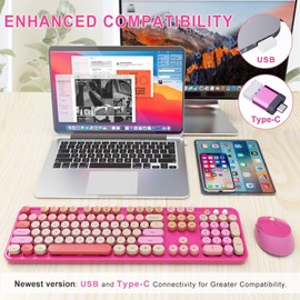 SkyGive Wireless Keyboard and Mouse Combo, Ergonomic Full Size Typewriter Retro Round Keycaps Keyboard, Compatible with Windows, PC, Perfer for Home and Office Keyboards （Red）