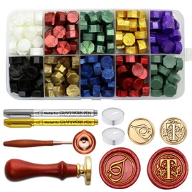 Andotopee Letter Wax Seal Stamp Kit - Initial Alphabet T Stamp Head 2pcs, Vintage Monogram Stamps Wax Seal Kit with 200pcs Assorted Sealing Beads, Spoon, Metallic Gold Silver Pens